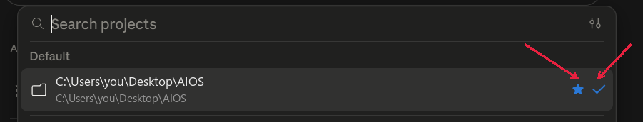 The AIOS folder in the project with the blue star and the blue checkmark both marked