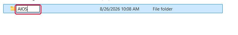 The new folder with AIOS typed into its name field