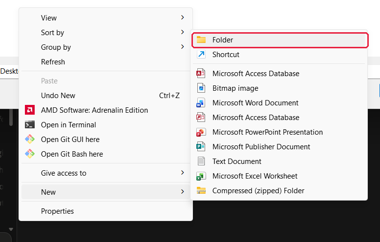 The right-click menu with New then Folder marked