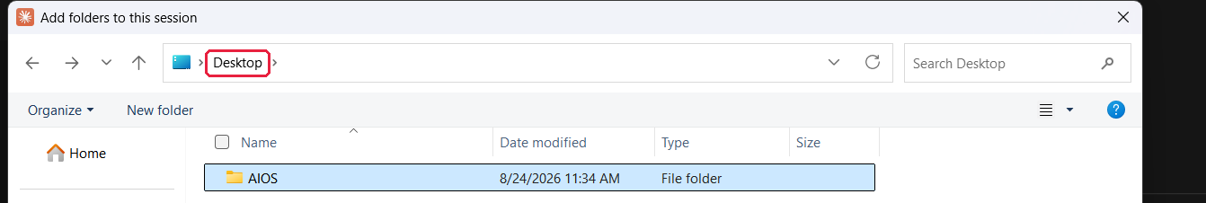 The Add folders to this session window with Desktop marked