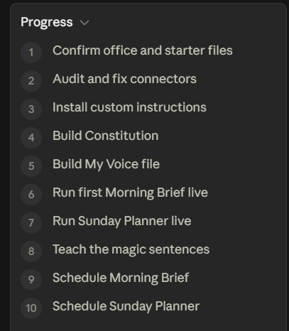 The progress panel showing all ten setup steps, none of them completed yet