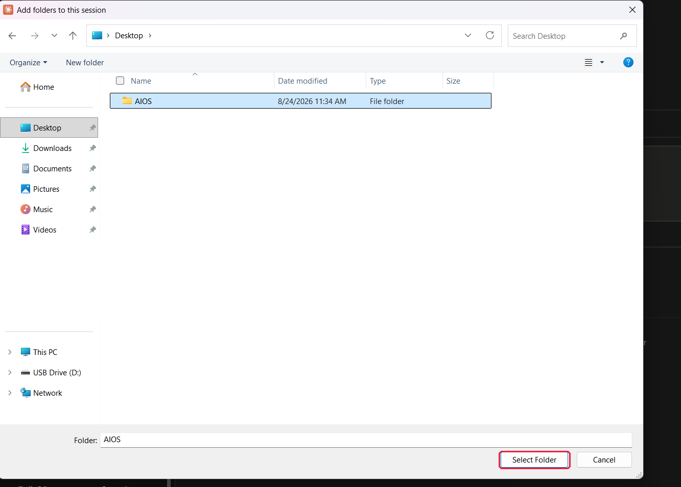The picker with the AIOS folder chosen and the Select Folder button marked