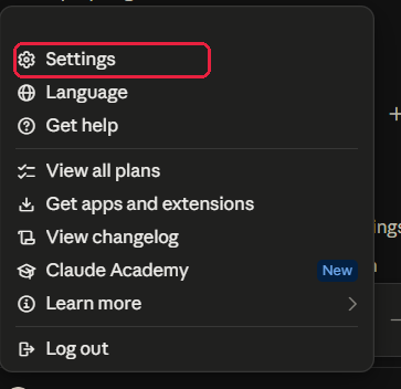 The account menu open with Settings marked