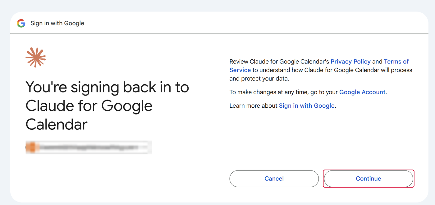 The Google sign in window with the Continue button marked