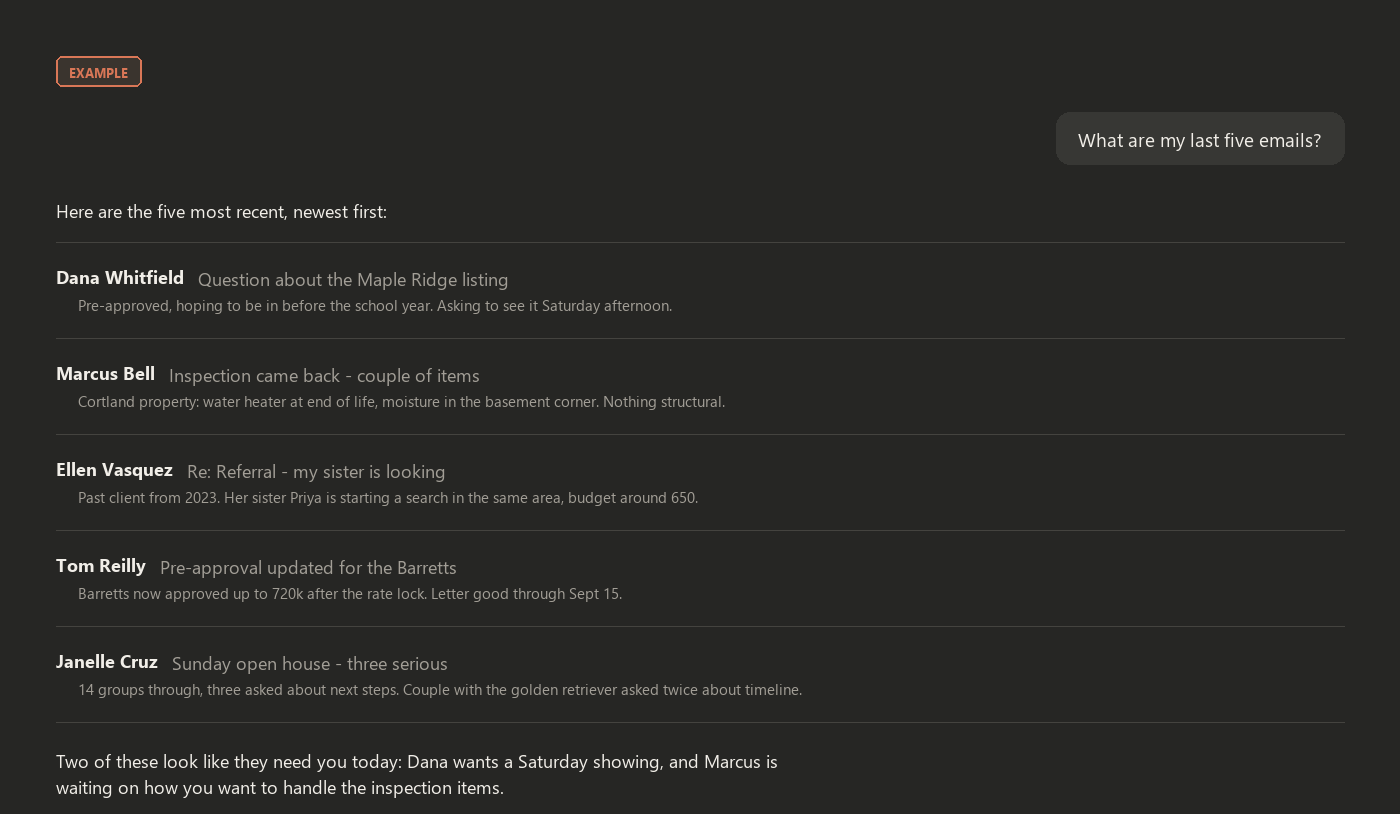 Example of Claude listing five recent emails after the connectors are working