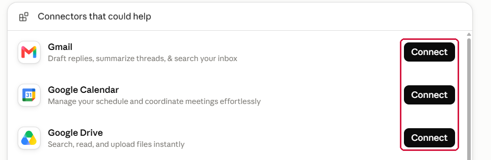 Claude showing Gmail, Google Calendar and Google Drive each with a Connect button