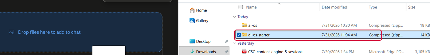 The AI OS file being dragged from Downloads onto the Claude project