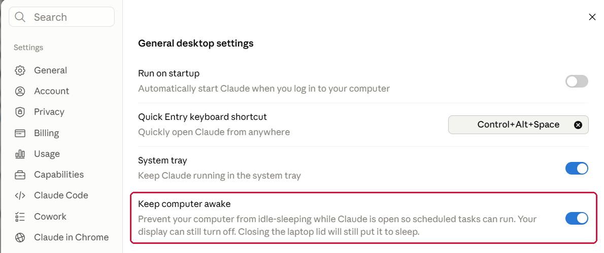 Claude settings showing Keep computer awake turned on