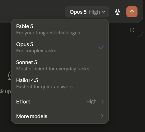 The Claude model picker open with Opus selected