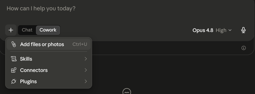The plus button menu in Claude showing Add files or photos